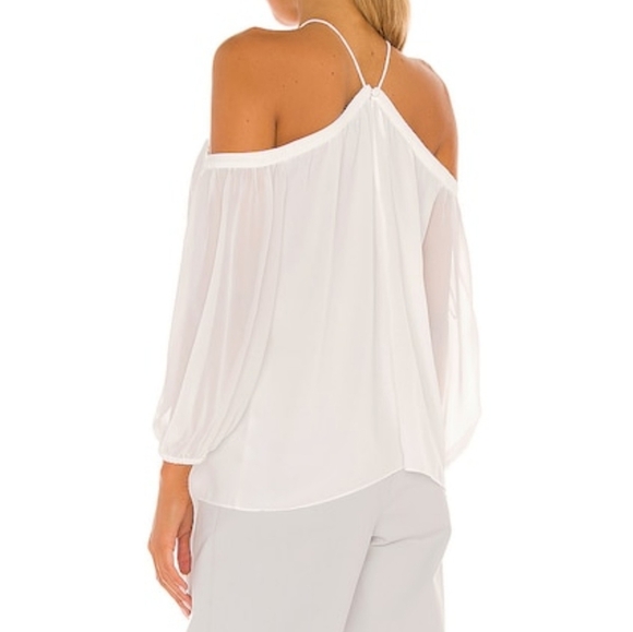 1. State Blouse High Neck Chiffon Sheer Blouson Sleeves Off Shoulder White M NWT - Picture 9 of 14
